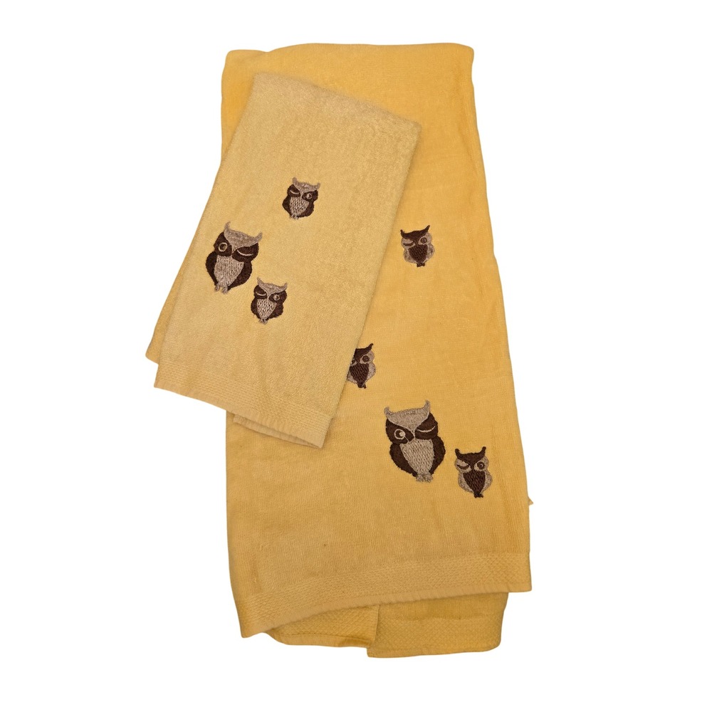 Vintage Yellow Embroidered Owl Towel Set Bath Hand Towel Martex   USA Retro
